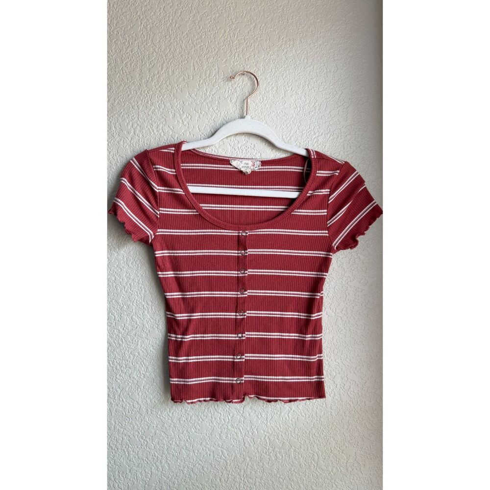 Pink Republic Rust Striped Ribbed Faux Button Crop Top Small
